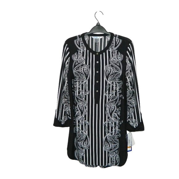 2 for/ $40 Nygard Half Button Up Black Paisley Striped Tunic Size Small - Picture 2 of 16